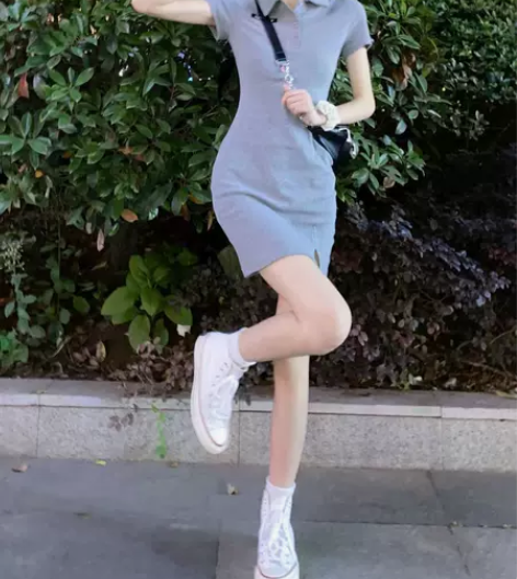 polo领连衣裙女夏新款性感开衩包臀裙显瘦...