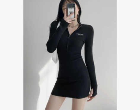 欧美小心机半高领拉链连衣裙女气质收腰针织包...