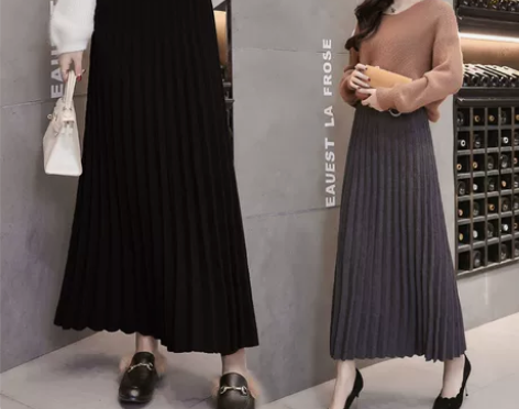 秋冬韩版女装百褶大摆裙高腰针织半身裙a字裙...