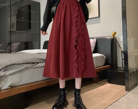 给钱就卖 红色灯芯绒半身裙女春冬天配毛衣中...