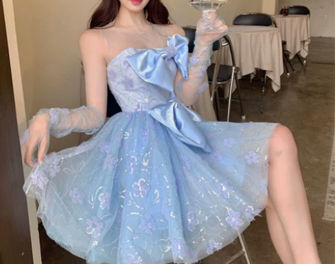 宫廷风蓝色水晶亮片刺绣蝴蝶结蓬蓬裙仙女重工...