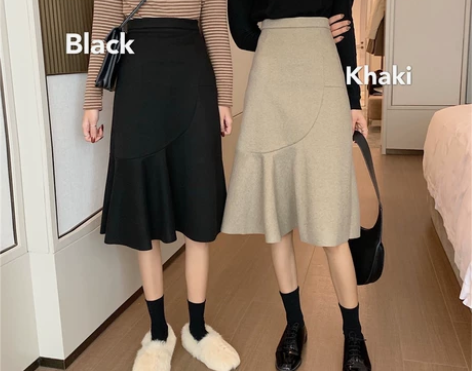 ?毛呢鱼尾裙半身裙女秋冬大码高腰中长款裙子...