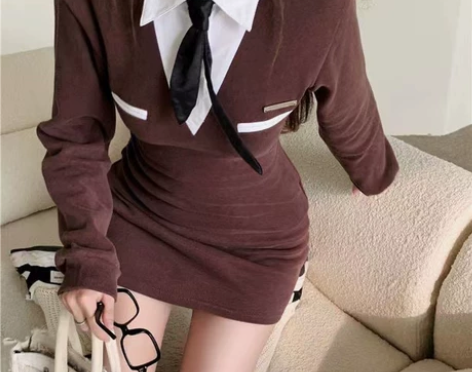 春秋冬季假两件性感连衣裙女修身显瘦学院风包...