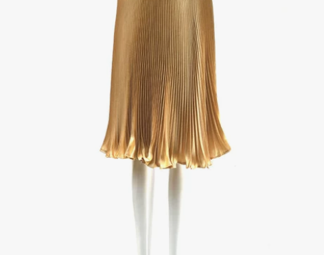 新款皱褶过膝中裙光泽色仿绸面料百褶半身裙金...