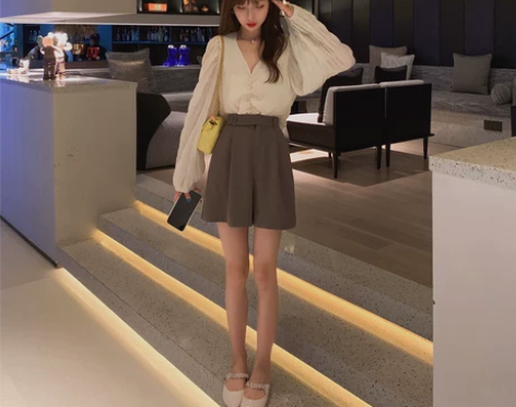 灰灰家定制 高腰西装短裤女新款夏百搭直筒阔...