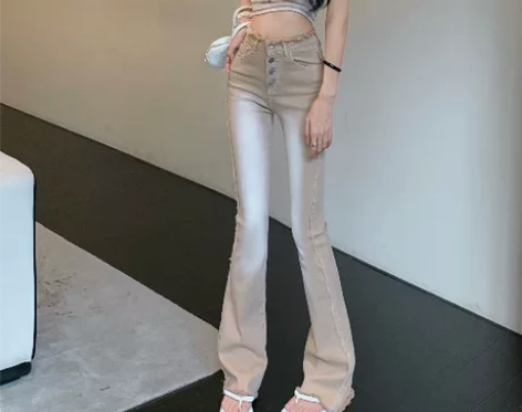 韩版毛边修身牛仔裤女装夏季高腰微喇叭裤子卡...