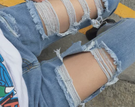 韩国chic风 推荐破洞撕边 高腰小脚裤 ...