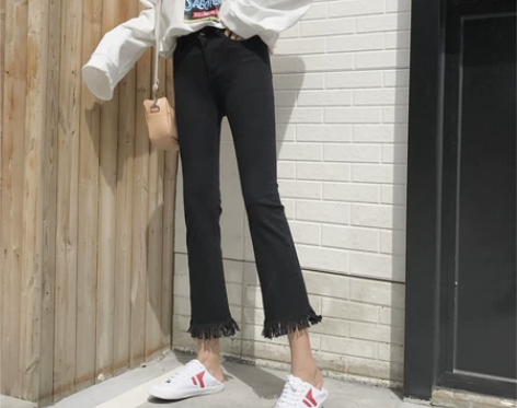 秋装女装新款韩版高腰毛边修身显瘦微喇叭裤…...