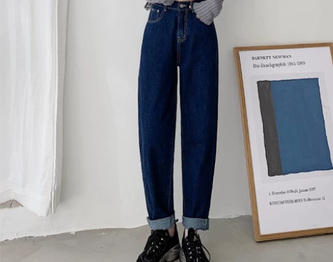 【全新】深蓝色牛仔裤女直筒宽松卷边秋202...