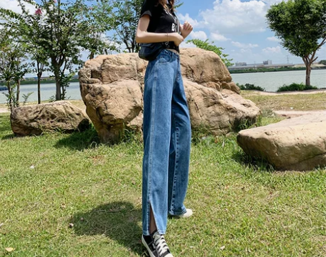 开叉阔腿牛仔裤女高腰宽松直筒150cm显高...