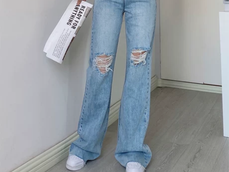 欧美复古百搭宽松显瘦高腰膝盖破洞牛仔阔腿裤...