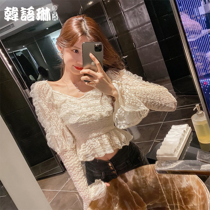 韩语琳新款蕾丝衫韩版性感露肩女装短款小衫长...