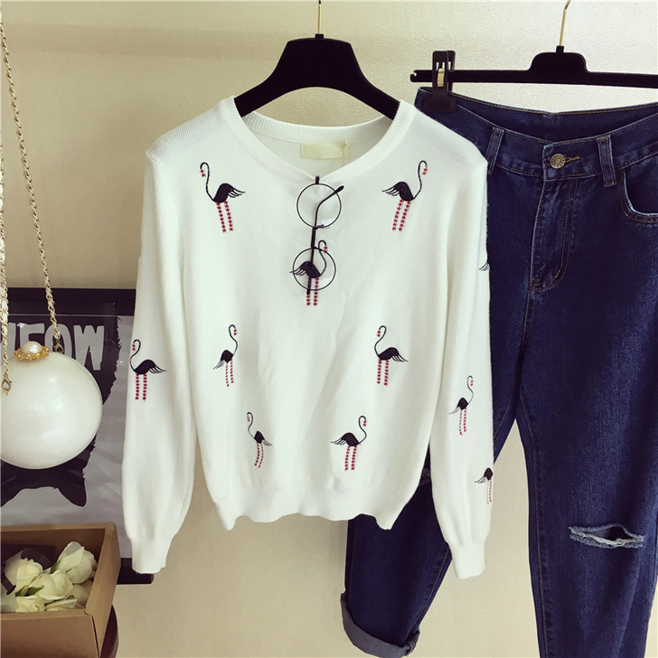 2018新款春秋季圆领毛衣修身长袖打底衫白...