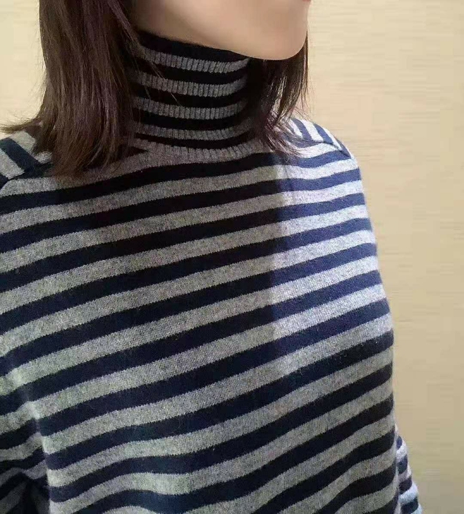 哥弟正品全新条纹半高领羊绒衫 2码一件显瘦...