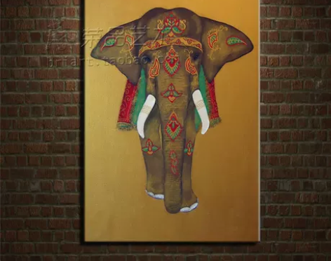 泰国大象工艺画油画手绘手工玄关挂画动物画酒...