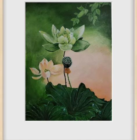 麻布手工绘画油画荷花齐放合和,画芯不带相框...