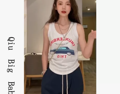 字母印花无袖背心女夏季外穿宽松短款辣妹上衣...