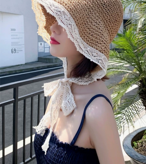 帽子女夏季新款网红蕾丝系带草帽春秋时尚沙滩...