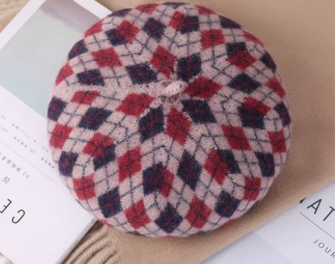 复古格子贝雷帽女秋冬羊毛呢画家帽英伦风休闲...