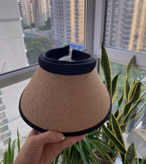 夏季网红同款时尚空顶防紫外线遮阳黑胶草帽大...