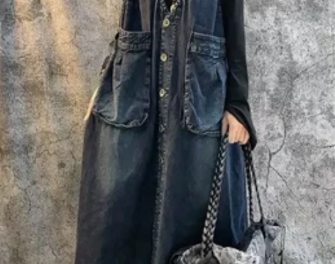 2022早春秋韩版宽松牛仔背带裙女中长款连...