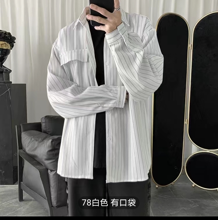 条纹衬衫外套男港风日系休闲宽松衣服潮流黑色...