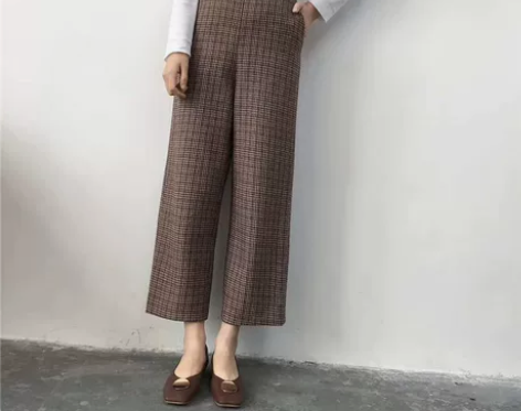 千鸟格格子阔腿裤女毛呢裤九分休闲裤秋冬复古...