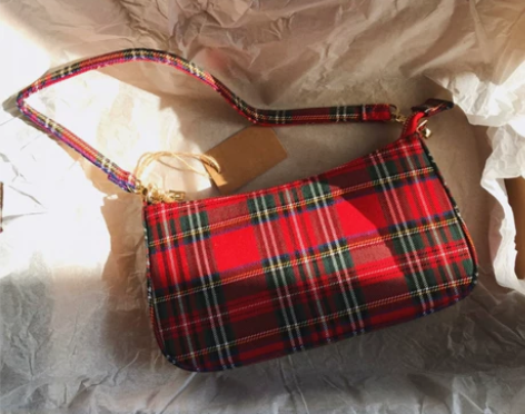 复古红格子法棍包包女小红书同款2019秋冬...