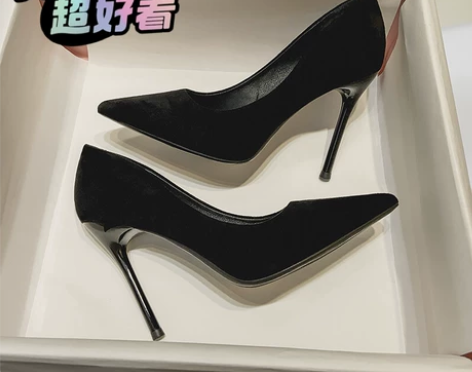 细跟高跟鞋女黑色亚光绒面正装尖头细跟单鞋 ...