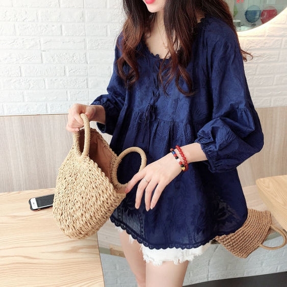 秋季新款韩版绣花娃娃衫蓬蓬a字甜美系带灯笼...