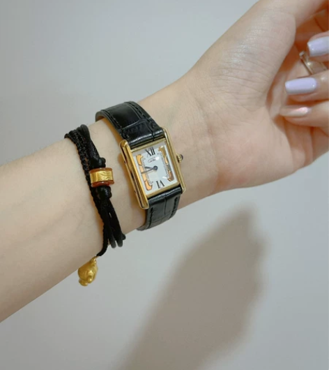 中古卡地亚三色金复古罗马方盘黑金石英手表t...