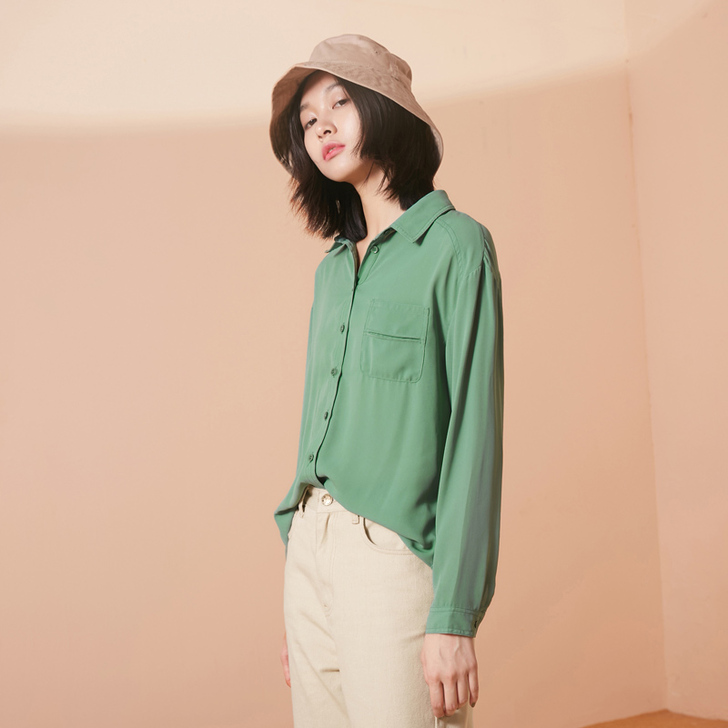 【女王价】文艺素色小翻领长袖衬衣上衣春装纯...