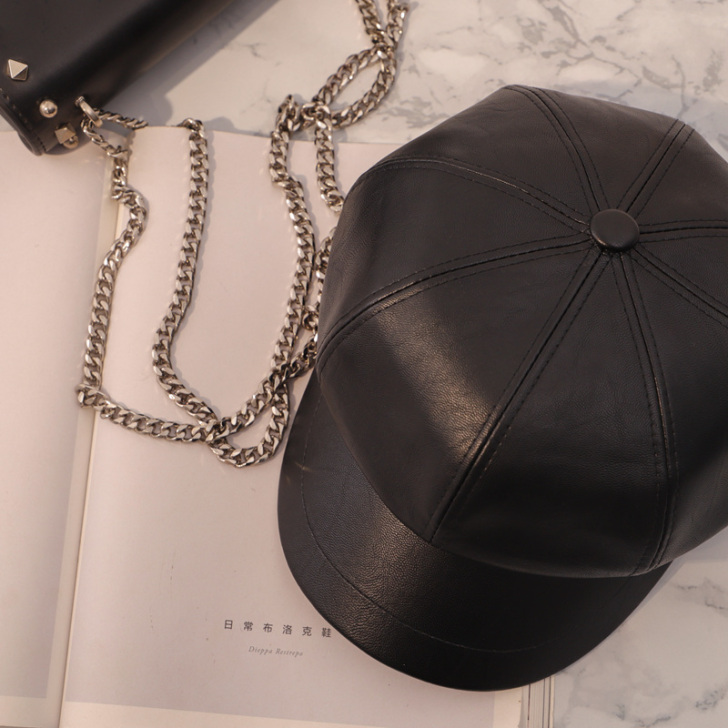 黑色网红pu皮质八角帽子女鸭舌英伦韩版潮秋...