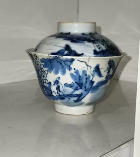 清代光绪青花人物盖碗，老户出，原脏原旧，有...
