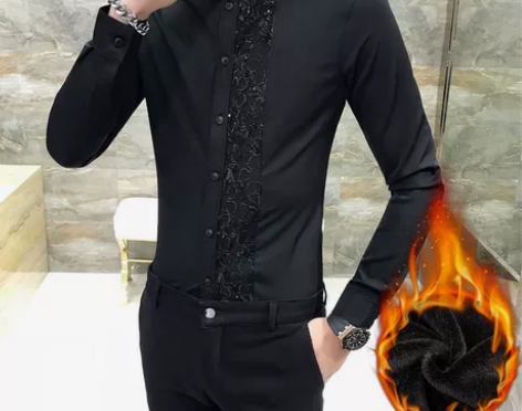 278衬衫男长袖修身无口袋绣花亮片黑白色衬...