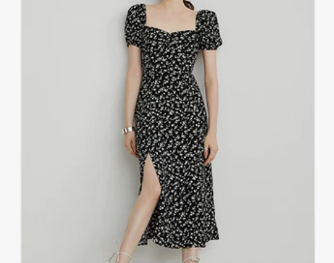 法式方领碎花连衣裙女洛黑色收腰… 9.9新...