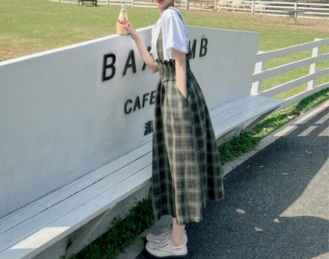 【55价】绿色格子背带裙夏季女2022新款...