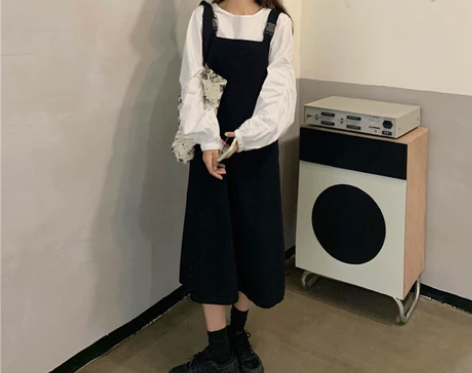 秋季2020新款复古日系减龄休闲设计感背带...