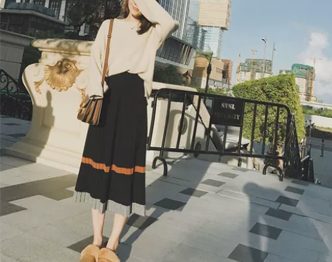 GG中长款针织裙半身裙女秋冬拼色松紧高腰百...