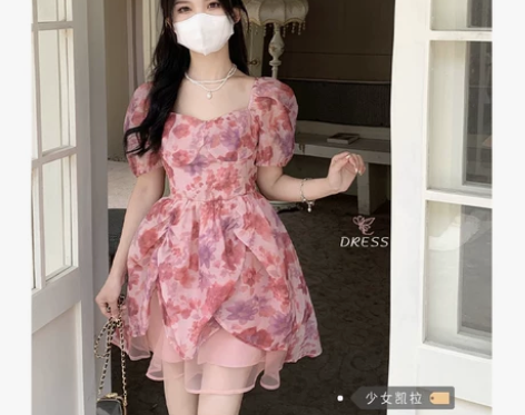 复古方领泡泡袖碎花网纱连衣裙女装夏季新款不...