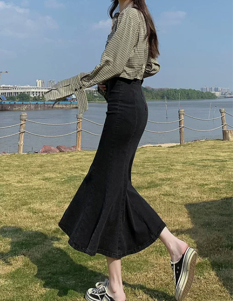 鱼尾裙 鱼尾黑裙黑色高腰牛仔半身裙女春秋a...