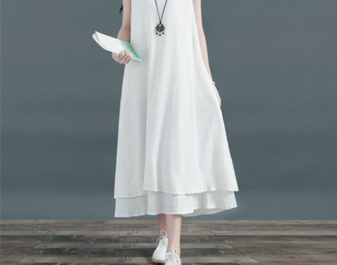 中国风无袖双层裙子棉麻大摆裙亚麻长款打底连...