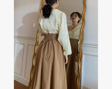春夏伞裙女法式宫廷风复古高腰中长款半身裙显...