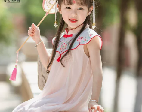 汉服女童夏装宝宝刺绣云肩连衣裙小女孩超仙中...