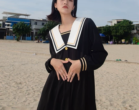 迷路森林原创娜娜同款海军风连衣裙女2021...