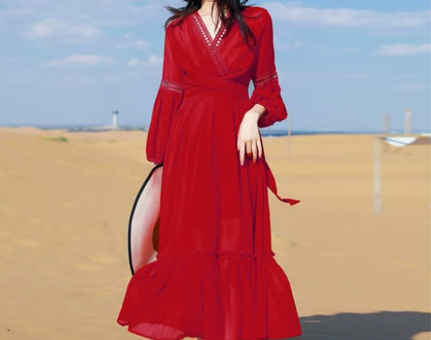 【狂欢价】2020夏季红色雪纺连衣裙超仙复...