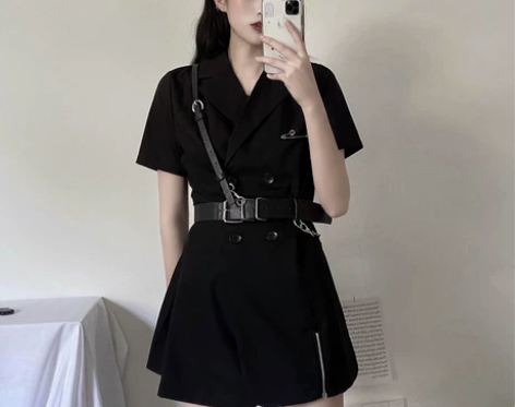 2020新款夏季气质黑色连衣裙女短袖双排扣...