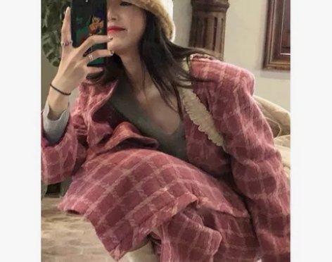 套装小众粉色格子洋气港风宽松呢子西装外套半...