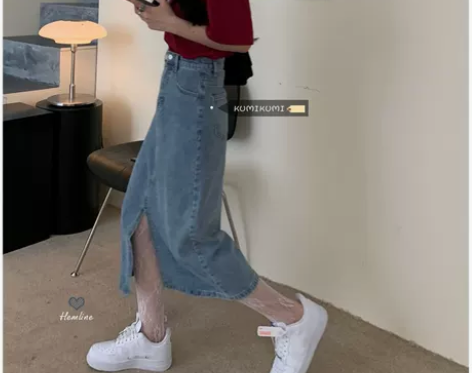 KUMI港风复古牛仔开叉裙子女2021新款...