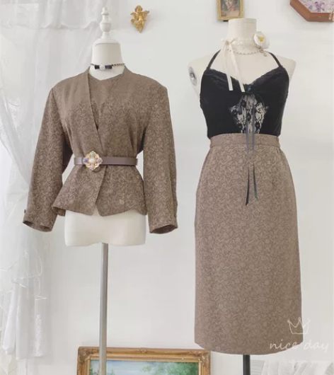 vintage古着港风复古提花气质优雅两件...